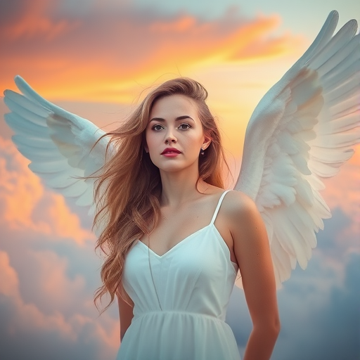 Create an ethereal portrait of a woman with flowing hair and angelic wings, surrounded by a dreamy, colorful background of soft clouds and warm hues, using a Canon EOS R5, 85mm lens, f/1.8 aperture, ISO 100, natural lighting, and a shallow depth of field for enhanced focus on the subject.