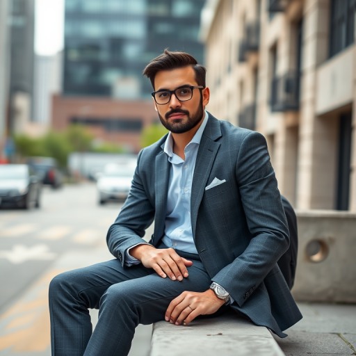 portrait of a well-dressed man sitting on a concrete ledge in an urban environment, natural soft lighting, aperture f/2.8, shutter speed 1/200s, ISO 100, 85mm lens, DSLR camera, shallow depth of field for background blur