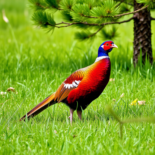 Photograph a vibrant pheasant standing in a lush green field near a pine tree, using a DSLR camera set to f/4 aperture, ISO 200, 1/500 shutter speed, with a 70mm lens, capturing in natural daylight for sharp detail and vivid colors.
