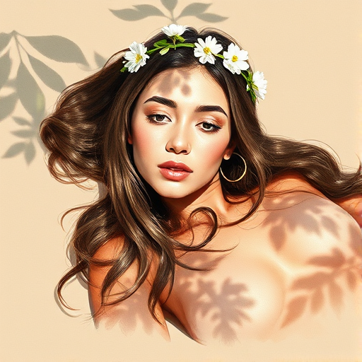 create a watercolor painting of an ethereal portrait of beautiful Chaldean woman with a simple white flower crown on her head. Her hair is long and she is lying on the ground. The sunlight on the trees casts shadows from the leaves on her face and body. The background is a neutral brown color that matches her skin tone. The image is minimalist and solid colors. This style is characterized by soft, delicate brushstrokes and a light, airy, contrasting color palette. High level of detail and play of light