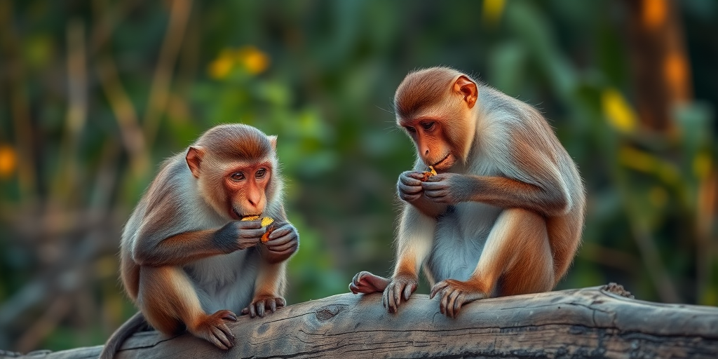 Capture a close-up image of two monkeys eating snacks on a log in a lush environment, using a Nikon D850, 85mm f/1.8 lens, aperture set to f/2.8 for shallow depth of field, ISO 200, and a natural light setting during the golden hour for enhanced detail and color vibrancy.
