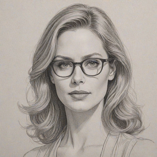 Graceful Kristin Bauer, pencil sketch, portrait of Elegant woman 1979s in glasses, hair style beatnik, outline, clear lines, fine lines, 8k
