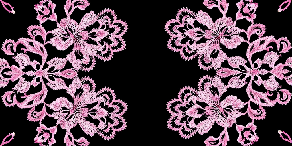 Create a high-resolution image of a symmetrical floral pattern with intricate pink lace designs on a black background, using a DSLR camera with a 50mm f/1.8 lens, aperture set to f/5.6, ISO 100, shot from an overhead view with soft natural lighting for enhanced detail and color contrast.