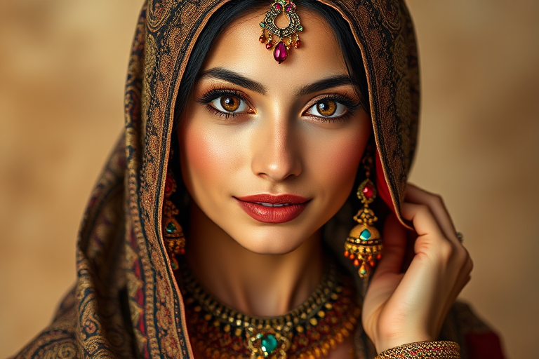 Create a portrait of a beautiful Middle Eastern woman with striking brown eyes and a gentle expression. She is adorned in traditional attire with intricate patterns, including a richly embroidered headscarf and matching garments. Her jewelry includes a delicate headpiece, dangling earrings, and ornate bracelets, all featuring vibrant gemstones and detailed metalwork. The background is soft and warm, enhancing the rich colors of her outfit and jewelry.