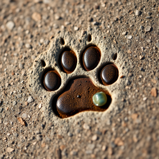Create a high-resolution image of a stylized animal paw print on a textured surface, using a DSLR camera, 50mm lens, f/1.8 aperture, ISO 200, natural light, and a macro view to capture intricate details.