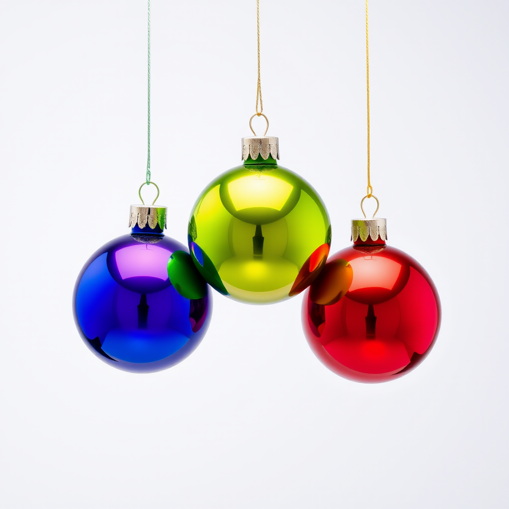 Create a high-resolution image of three colorful Christmas ornaments hanging against a plain white background, with a 50mm lens, f/2.8 aperture, ISO 100, and soft lighting to enhance the vivid colors and reflections, captured using a DSLR camera.