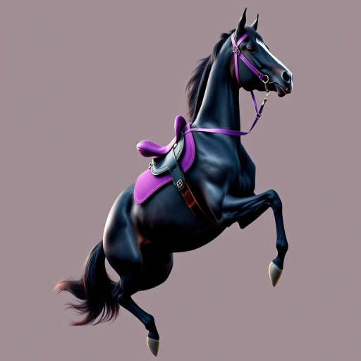 Create a vibrant vector illustration of a rearing black horse with a purple saddle and bridle against a transparent background, using high-resolution settings, a 50mm lens, f/2.8 aperture for a shallow depth of field, and a studio lighting setup for enhanced color contrast and clarity.