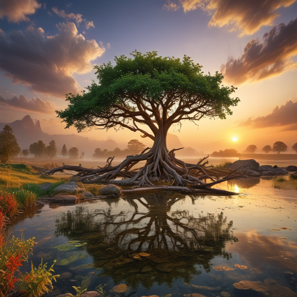 Majestic Tree Silhouetted Against a Stunning Sunset Over Calm Waters