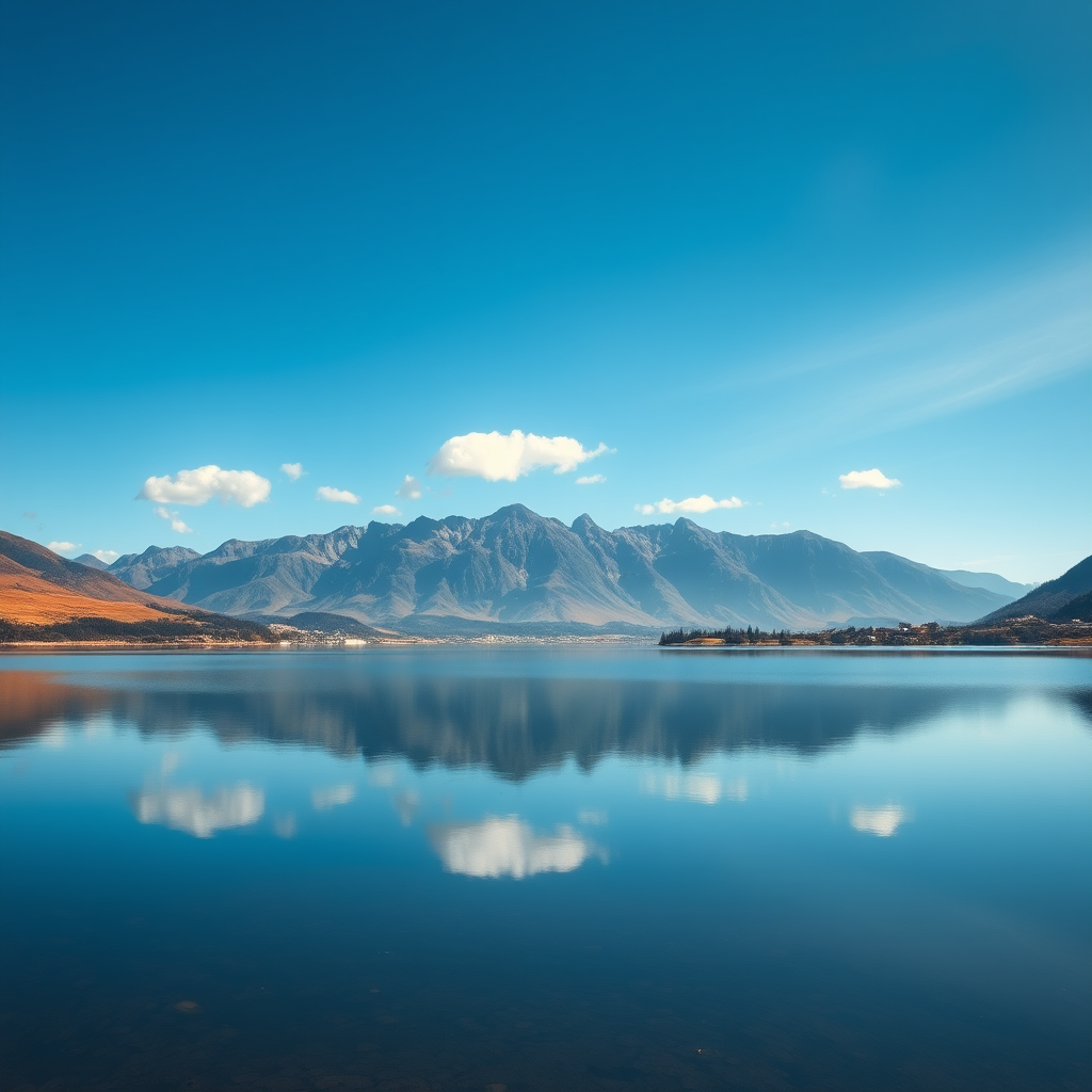 Create a high-quality image of a serene landscape with mountains in the background, a calm lake reflecting the scenery, soft clouds in a clear blue sky, photographed with a Canon EOS R5 using a 24-70mm f/2.8 lens at f/8, ISO 100, shutter speed 1/125 sec, in landscape orientation with vibrant colors and sharp details.