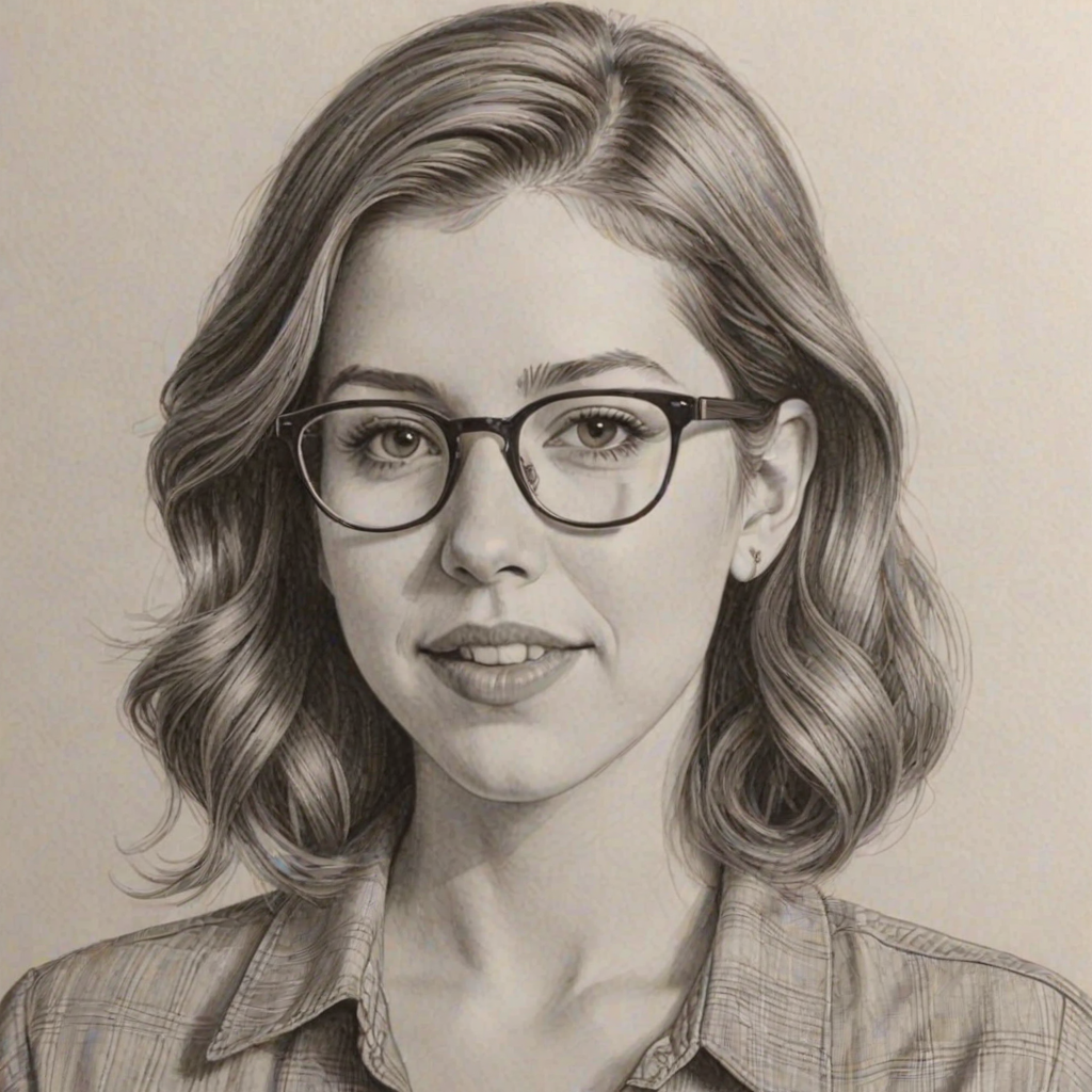 Stunning Eden Sher, pencil sketch, portrait of Charming woman 1967s in glasses, hair style beatnik, outline, clear lines, fine lines, 8k