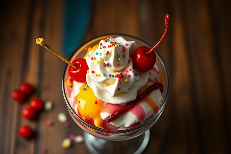 Create a vibrant and colorful ice cream sundae in a glass dish with whipped cream, cherries, and colorful toppings, photographed with a Canon EOS R5 at f/2.8, 1/125s, ISO 100, in a soft-focus background to enhance depth, using a top-down view for dramatic effect and studio lighting for a polished look.