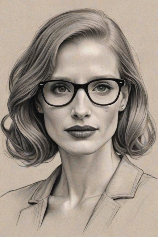 Ravishing Jessica Chastain, pencil sketch, portrait of Splendid woman 1922s in glasses, hair style beatnik, outline, clear lines, fine lines, 8k