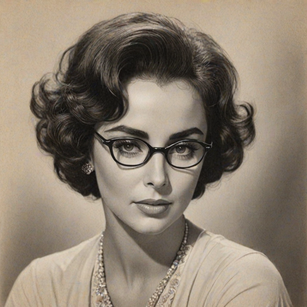 Comely Elizabeth Taylor, pencil sketch, portrait of Ravishing woman 1924s in glasses, hair style beatnik, outline, clear lines, fine lines, 8k
