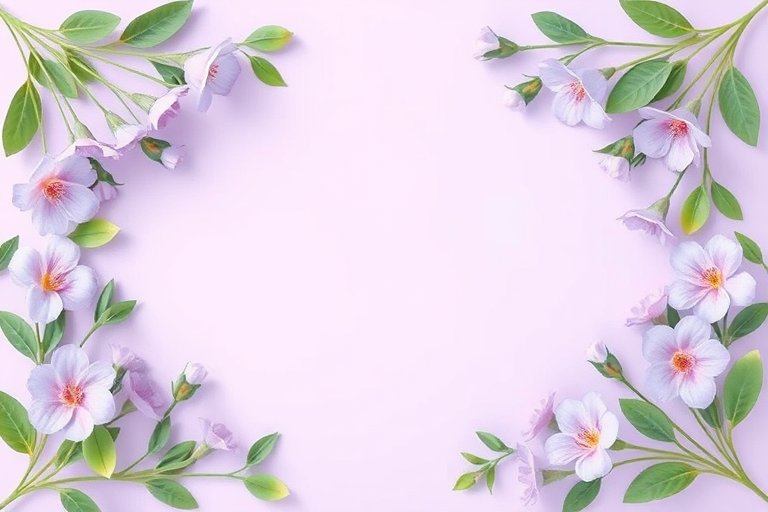 Create a digital illustration of a decorative floral frame featuring light purple flowers and green leaves surrounding a blank center on a light purple background, using a high-resolution format, with a 50mm lens, f/2.8 aperture, natural lighting, and an overhead angle.