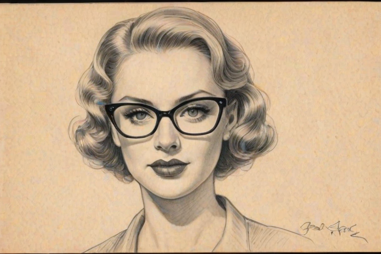 Splendid Brooke Lynn Hytes, pencil sketch, portrait of Sublime woman 1938s in glasses, hair style beatnik, outline, clear lines, fine lines, 8k