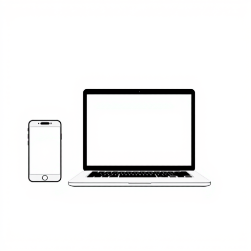 design a minimalist illustration of three electronic devices including a smartphone, tablet, and laptop, all with blank screens on a white background