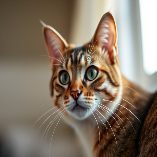 cat portrait, soft natural lighting, shallow depth of field, f/2.8, ISO 200, 50mm lens, DSLR camera, focus on cat's face, warm color tones, 1/125 sec shutter speed