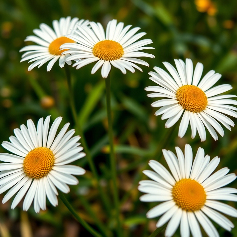 capture a detailed illustration of five daisies in a close-up view with a shallow depth of field, using a DSLR camera, aperture f2.8, ISO 100, and a 50mm lens to enhance color vibrancy and clarity