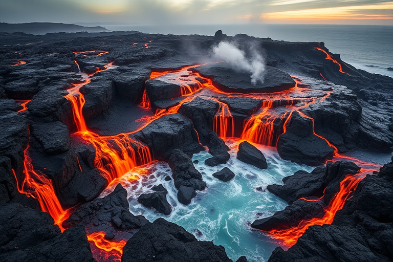 a breathtaking volcanic landscape with flowing lava rivers cascading into the ocean, capturing the dramatic contrast of fiery orange against dark rocks and steam rising, shot with a DSLR camera at f/8, ISO 200, 1/250 sec, in wide-angle view with a warm golden hour lighting style