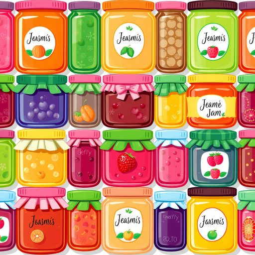 Regenerate an illustration of various colorful jam jars with fruit labels arranged in a grid format, using a vibrant color palette, with high resolution, neutral lighting, flat lay view, digital art style, using a high-quality graphics software.