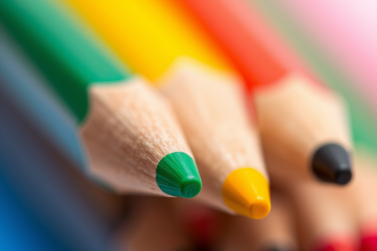 macro shot of sharpened colored pencils with a blurred background, f/2.8 aperture, 1/100 sec shutter speed, ISO 200, shot in natural light, using a DSLR camera with a 100mm macro lens, vibrant colors and sharp focus on pencil tips