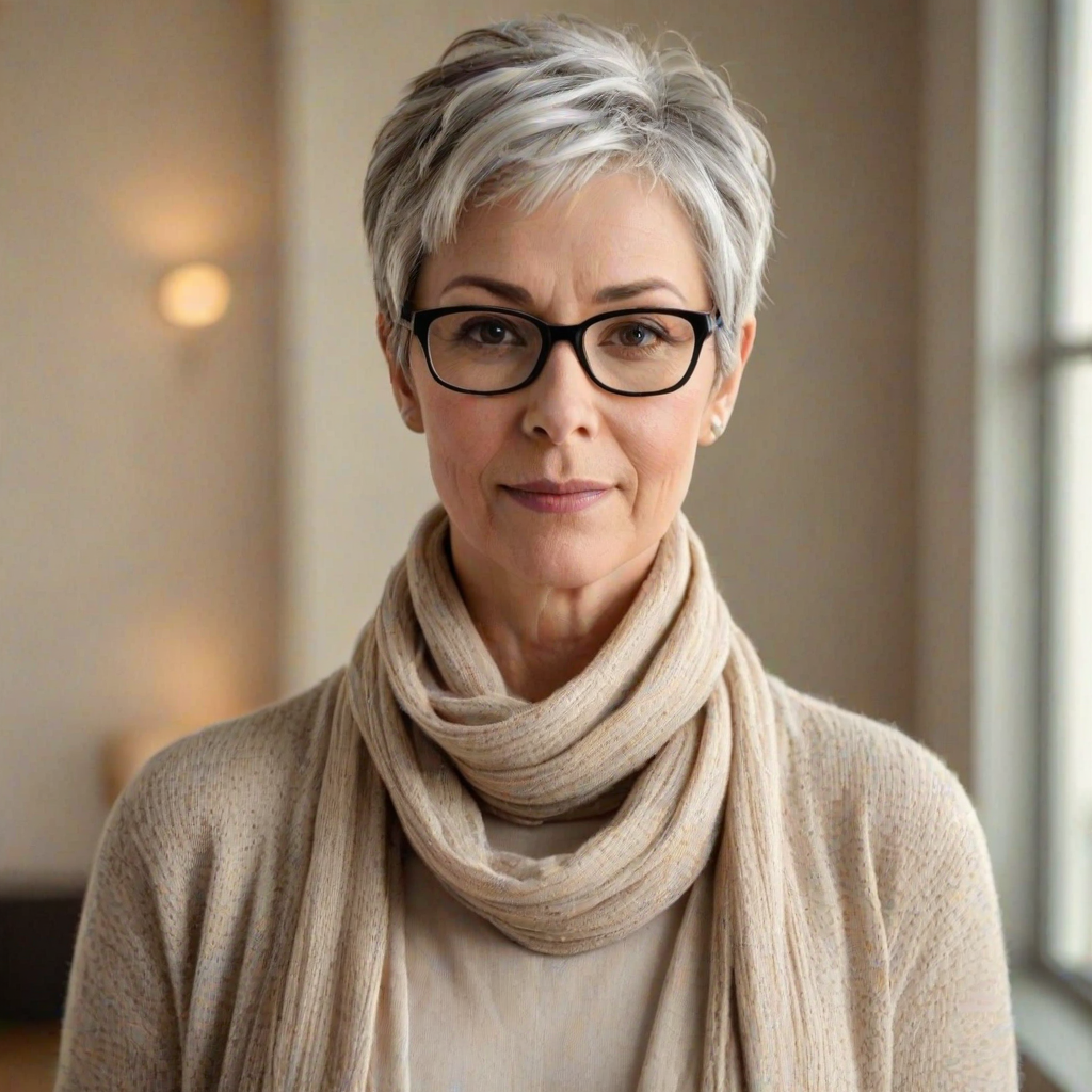 Portrait of a mature woman with short silver hair, styled in an asymmetrical pixie cut with side bangs. She wears black-framed glasses and a beige blouse with a white cardigan over it, as well as a bulky scarf in neutral tones. The woman is indoors with soft lighting and a blur in the background. Her expression is serene and confident, highlighting her elegance and modern style.