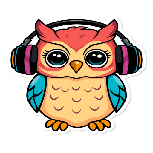 sticker, Happy Colorful Owl wearing Headphones, kawaii, contour, vector, white background