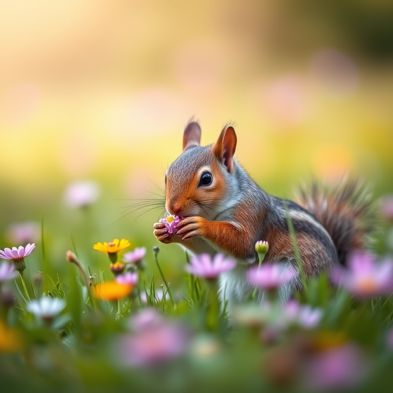 squirrel eating flowers in a vibrant grassy field, shallow depth of field, 50mm lens, f/2.8, ISO 100, natural lighting, shot from a low angle with a soft bokeh background, DSLR camera