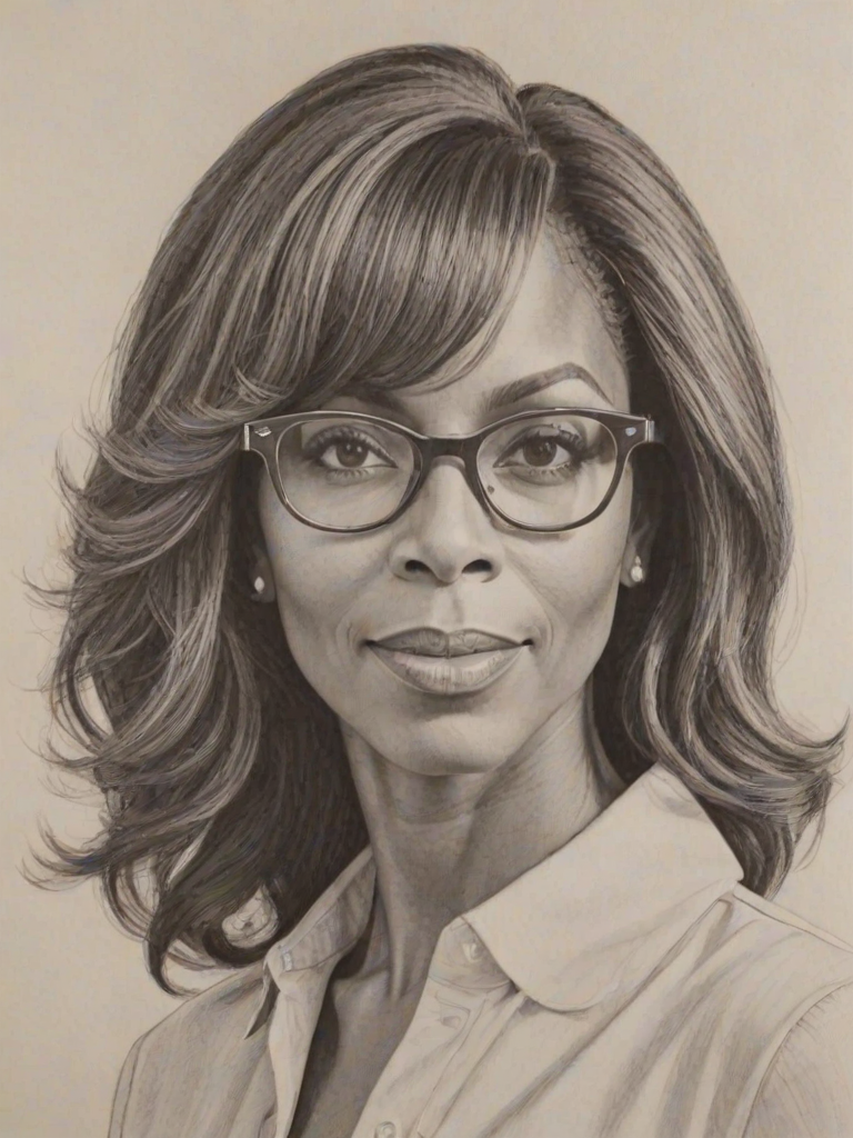Fascinating Holly Robinson Peete, pencil sketch, portrait of Radiant woman 1967s in glasses, hair style beatnik, outline, clear lines, fine lines, 8k