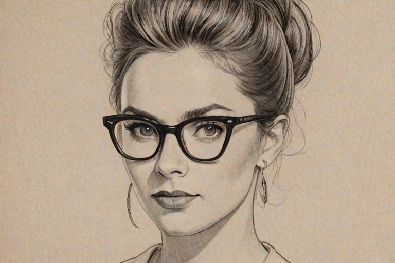 Superb Maroon 5, pencil sketch, portrait of Captivating woman 1953s in glasses, hair style beatnik, outline, clear lines, fine lines, 8k