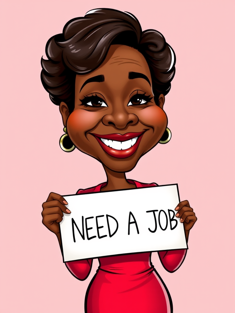 caricature of a smiling Viola Davis in a Carmine dress or suit, holding up a sign that says "NEED A JOB", no watermark,