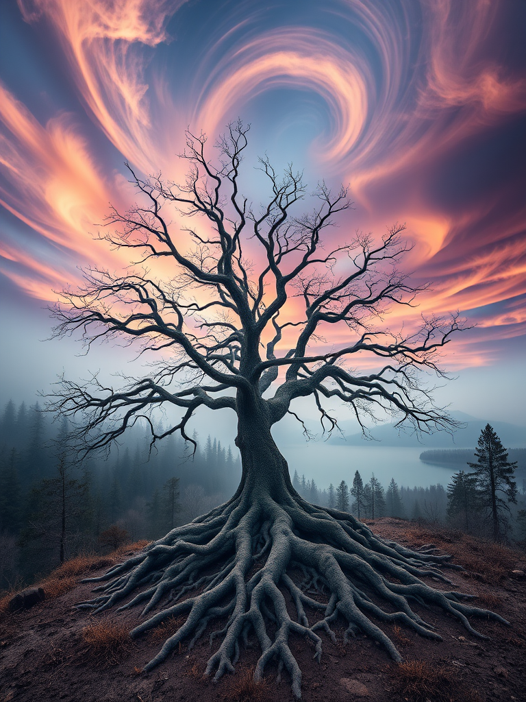 Create a surreal landscape featuring a solitary, gnarled tree with intricate roots, surrounded by a misty forest, a dramatic sky with swirling colors of orange, blue, and purple, a serene lake in the background, shot with a Canon EOS R5 at f/2.8, ISO 100, 35mm lens, in portrait orientation, using a soft focus style for a dreamy effect.