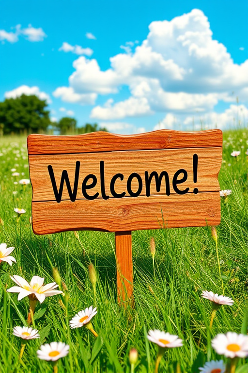 Create a vibrant and cheerful illustration of a "Welcome!" sign on a wooden board in a grassy field with blooming flowers, capturing a sunny day with a bright blue sky and fluffy clouds, using a DSLR camera with a 50mm lens, aperture f/2.8, shutter speed 1/500s, ISO 200, shot from a low angle to emphasize the sign.