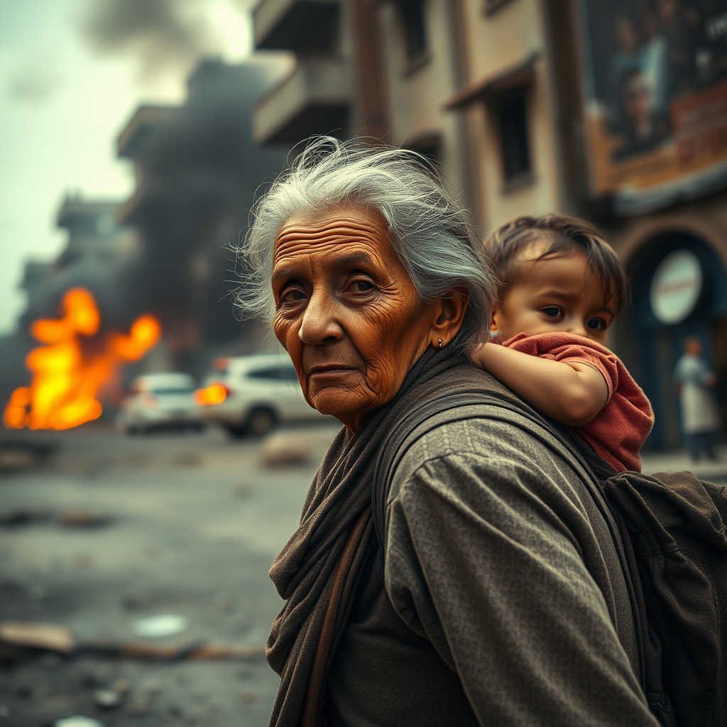 Create a high-resolution image of an elderly woman with deep, expressive features carrying a small child on her back in an apocalyptic urban setting, with flames and smoke in the background, using a Canon EOS R5, 50mm lens, f/1.8 aperture, ISO 100, with a dramatic low-angle perspective to emphasize the intensity of the scene and enhance the emotional impact.