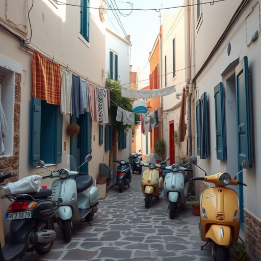 narrow street in a Greek island village with hanging laundry, vintage scooters parked, soft afternoon sunlight, aperture f/5.6, ISO 100, focal length 35mm, DSLR camera, wide-angle view