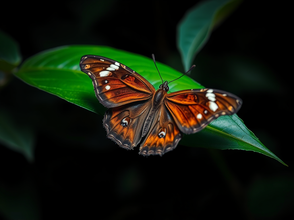 Create a detailed image of a butterfly resting on a leaf in a dark, moody environment. The butterfly should have rich brown wings with white patterns, and the leaf should be vibrant and green, contrasting with the dark background. The lighting should highlight the intricate details of the butterfly's wings and the texture of the leaf.