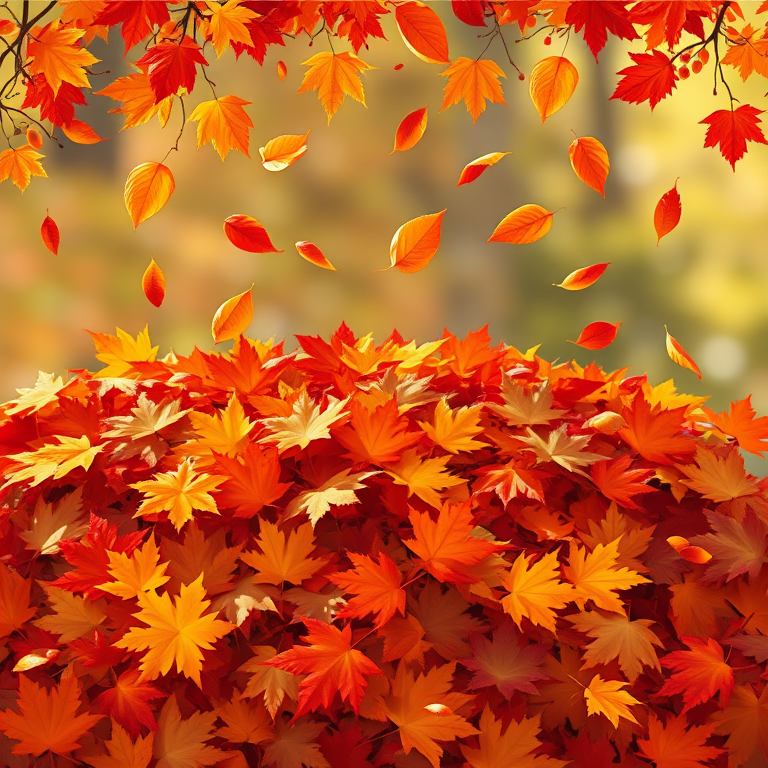 create a vibrant illustration of a pile of autumn leaves in various colors like red, orange, yellow, and brown with some leaves gently falling above, using a wide-angle lens, f/2.8 aperture, 50mm focal length, and soft natural lighting to enhance detail and depth.