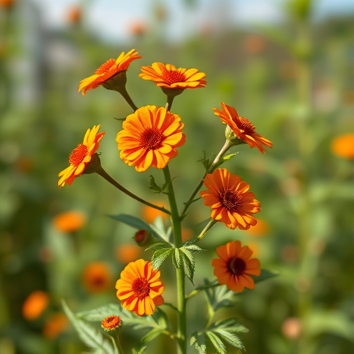 Generate a high-resolution illustration of a stylized flower plant with orange circular blooms and green leaves, photographed in natural light with a DSLR camera at f/4, 1/250s shutter speed, ISO 100, capturing a sharp focus on the flower details against a blurred background.