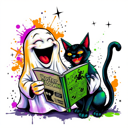 Image of a ghost and a black cat laughing exaggeratedly , and reading a comic halloween comic book, alcohol ink airbrush style, funny halloween theme, white background with neon purple, neon orange, neon green splash, black sparkles stars , dazzling BG