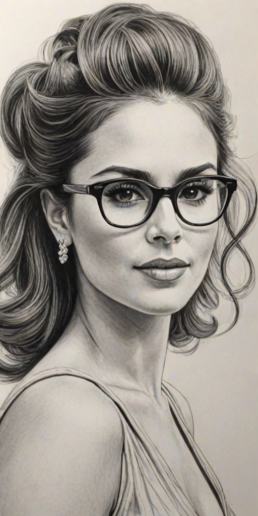 Resplendent Cheryl Cole, pencil sketch, portrait of Exquisite woman 1939s in glasses, hair style beatnik, outline, clear lines, fine lines, 8k