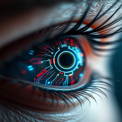 macro shot of a close-up eye with a futuristic digital iris design featuring circuits and glowing elements, soft focus background, f/2.8 aperture, 100mm lens, ISO 100, natural lighting, DSLR camera