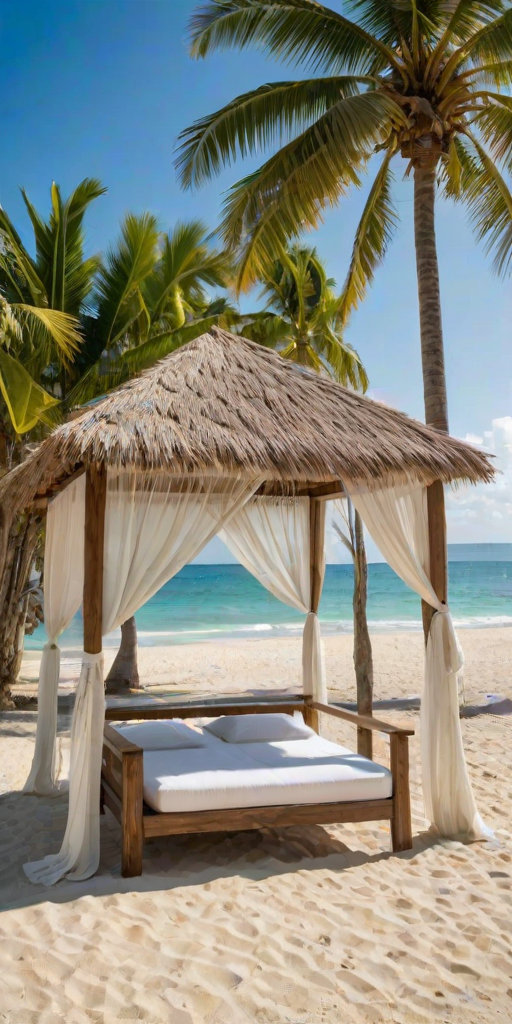 Create a picturesque tropical beach scene featuring a serene, white sandy shore. In the foreground, there's a rustic wooden canopy with white drapes gently flowing in the breeze. Underneath the canopy, a table is set with tropical decor, evoking a sense of relaxation and leisure. The beach extends into a calm, shallow water area with reflections of the sky and surroundings. Palm trees and lush greenery line the edge of the beach, providing a natural, tropical backdrop. The sky is clear with a few scattered clouds, and the overall atmosphere is tranquil and inviting, perfect for a peaceful retreat.