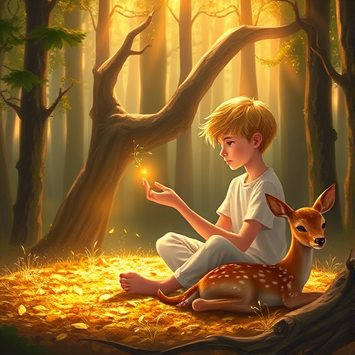 A luminous digital painting of a serene forest scene featuring a barefoot young male, about 7 years old, with Yellow hair and fair skin, dressed in a simple white outfit. He sits cross-legged on the forest floor, gazing at a small, glowing, magical firefly in his hand. Beside him, a delicate spotted deer lies calmly on a bed of dried leaves, observing the scene. The dense forest is bathed in warm, golden light filtering through the trees, creating a peaceful, magical atmosphere with a blend of natural and mystical elements.