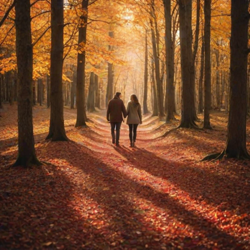 Warm, softly lit photo of a couple walking hand-in-hand along a forest path in autumn, vibrant red and orange leaves covering the ground, with soft golden sunlight filtering through the trees.