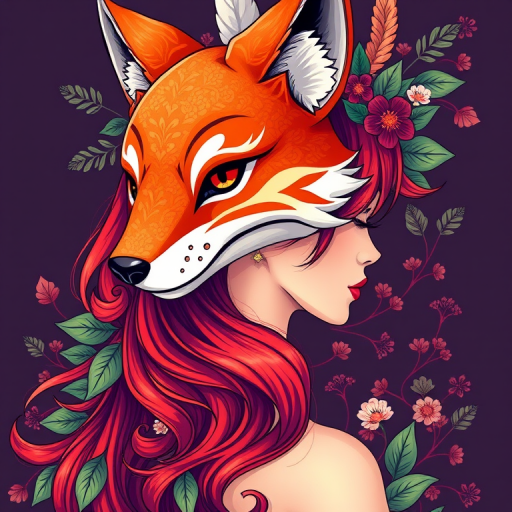 Create a vibrant and detailed illustration of a woman with red hair featuring a stylized orange fox mask on her head, showcasing intricate floral and leafy elements in her hair, captured with a high-resolution DSLR camera set to f/2.8 aperture, 50mm lens, natural light, side profile view, and enhanced color saturation for better image quality.