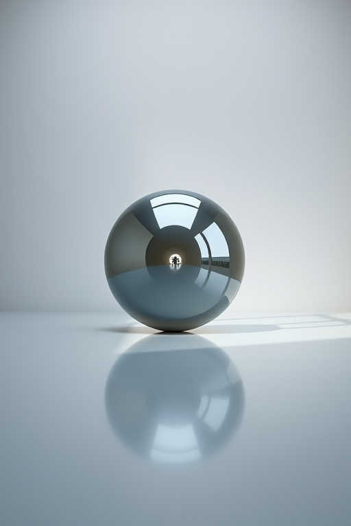 Create a smooth, reflective circular object centered in a minimalist environment, using a Canon EOS R5 with a 50mm f/1.2 lens, aperture set to f/2.8, ISO 100, and shutter speed 1/125s, with natural light to enhance the glossy texture.