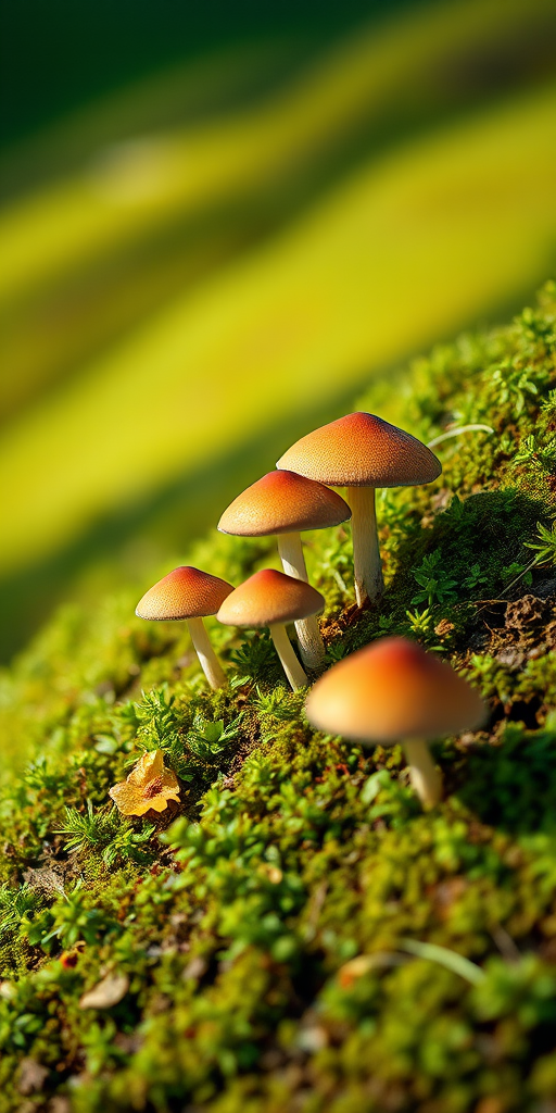 mushrooms on a green hill with soft shadows, captured using a DSLR camera, 50mm lens, f/2.8 aperture, ISO 100, natural light, shallow depth of field, vibrant colors, focus on texture and details.