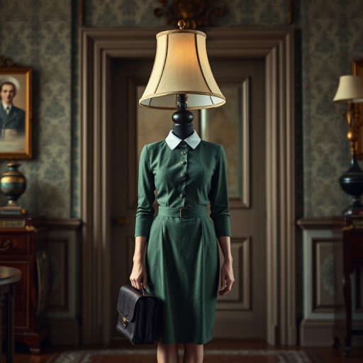 Create an image of a figure with a lampshade for a head, wearing a vintage green dress and holding a briefcase, standing in an elegant vintage room with a door and decorative elements, shot with a Canon EOS 5D Mark IV, 50mm lens, f/1.8 aperture, ISO 100, natural lighting, soft focus effect.