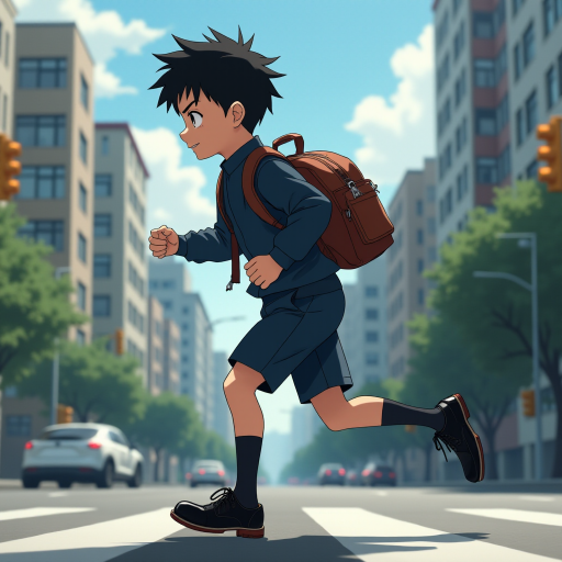 In the Japanese boondocks photorealistic anime, the camera focuses on strong muscular sideview of 9 year old boy his perfect face conveys powerful mighty passion, wearing black school dress-shoes, wearing dark blue matching school uniform. he runs lightly across wide busy city street. with stoplights in backdrop, The animation highlights the dynamic of the boy's clothes and hair blowing in the wind as he moves around, wearing leather backpack,