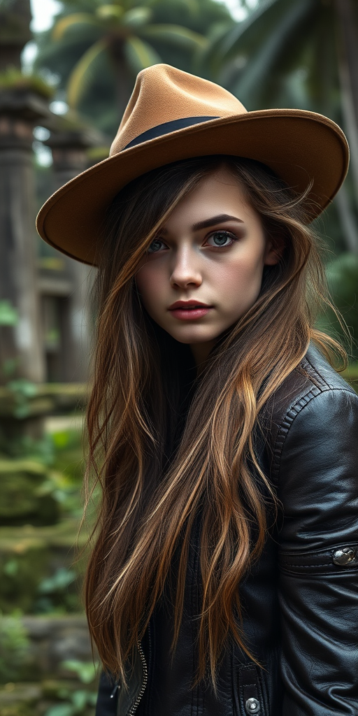 Capture a portrait of a young woman with long, tousled hair wearing a stylish hat and a leather jacket, set in a lush, tropical jungle environment with ancient ruins, shot with a Canon EOS 5D Mark IV at 50mm, f/1.8, ISO 100, natural lighting for enhanced depth and detail.